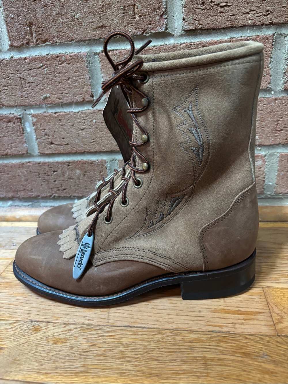 Laredo Western Boots 7.5M Tan Brown Leather Suede Fringe Lace-Up NWT